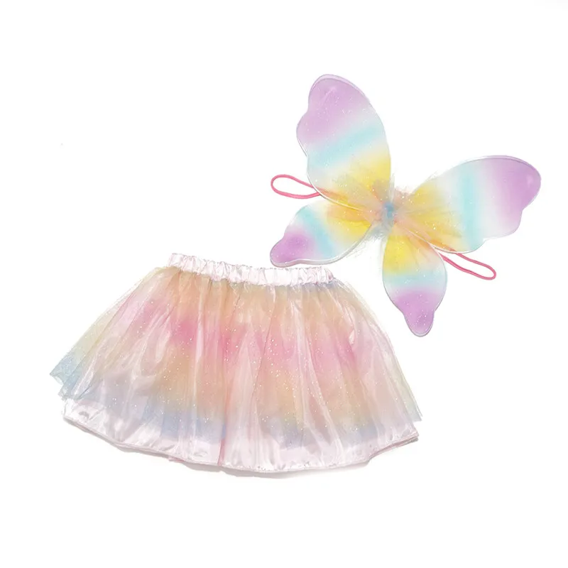 Rainbow color Fluffy Tulle   With Tutu Skirt with rainbow butterfly wings set for girls