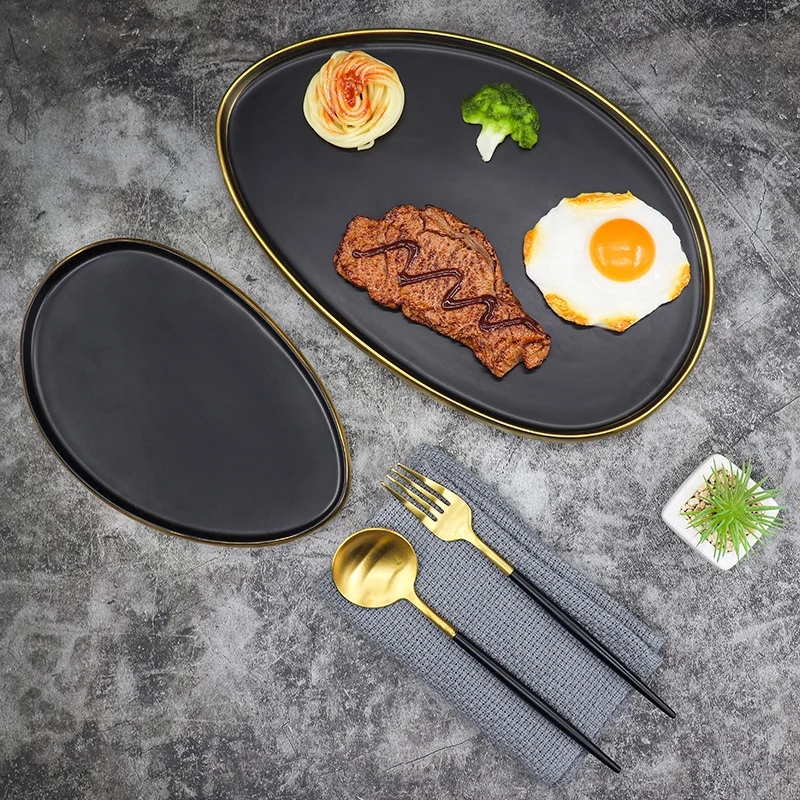 Black Dinner Plate Tableware Gold Rim Ceramic Irregular Serving Dish Set for Restaurant