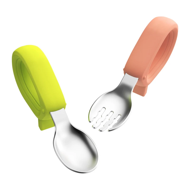 Food Grade Silicone New Design Stainless Steel Baby Spoon Fork Set with Support Eco Friendly Cutlery Set for Child Training Set