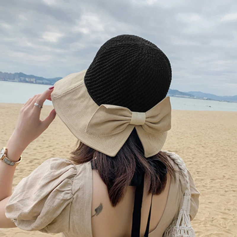 Fashion Hollow Sun Visor Hat Women Summer Crochet Straw Hat Beach Travel Floppy Bowknot Cap Folding Wide Brim Mesh Straw Hat