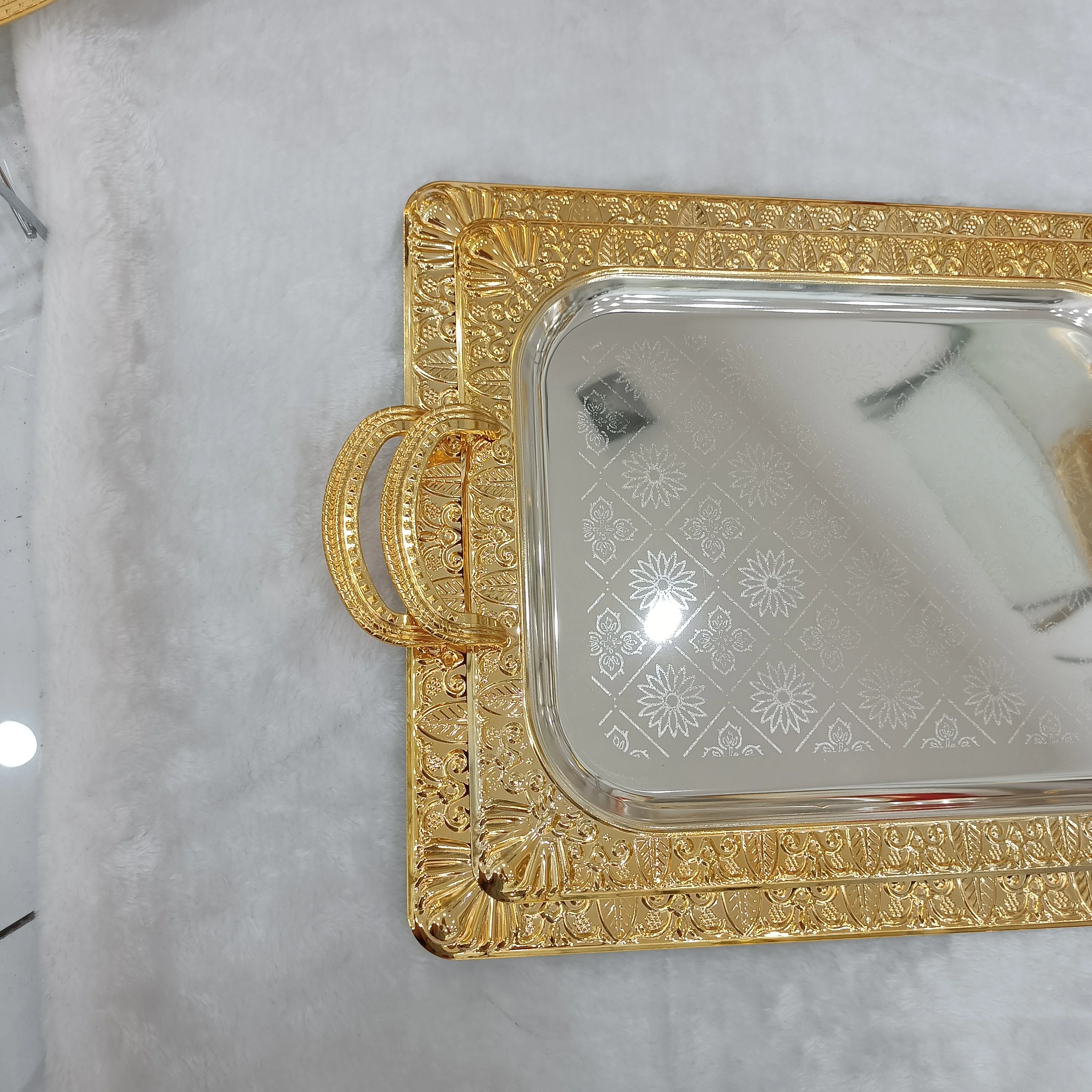 Metal Home Hotel Restaurant Middle East Serving Tray Stainless Steel Large Oval Mirror Gold Arabic Trays