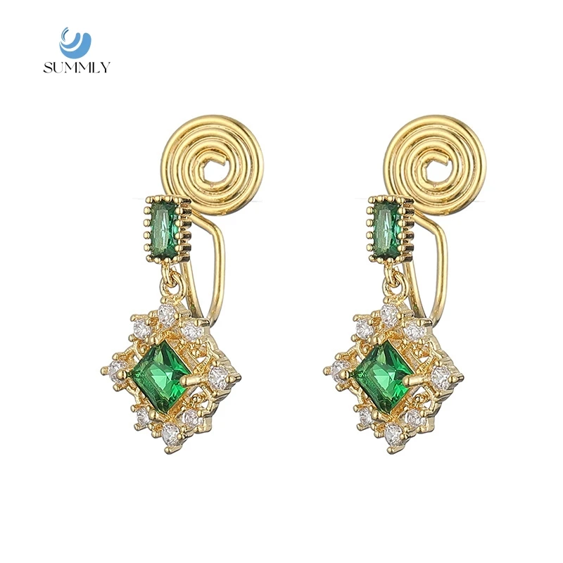 SUMMLY Vintage Green Zircon 18k Gold Plated Copper Mosquito Coil Ear Clip Earrings