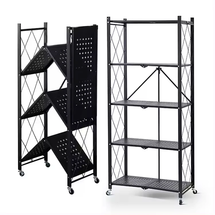 Multifunctional Bathroom Kitchen Folding Shelves Rack 5 Tier Foldable Storage Shelf Rack Organizer With Wheel