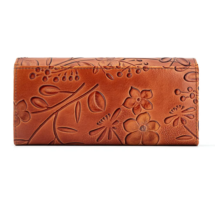 High Quality Retro Style Women Genuine Leather Long Wallets Ladies Purses Handbag Clutch Flower Embossed Wallets for Women