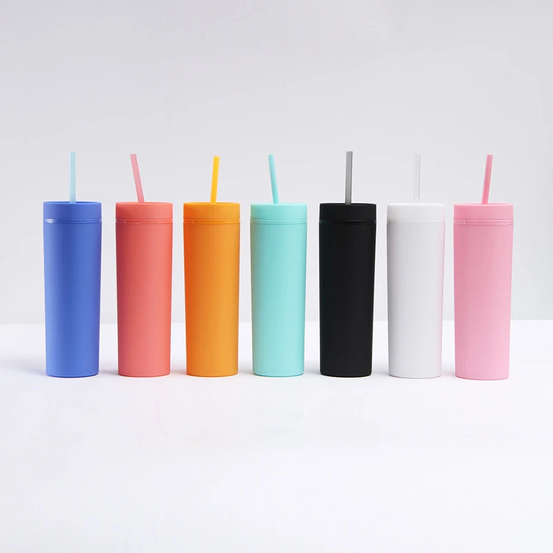 16oz/473ml Double Wall Insulated Skinny Acrylic Tumblers with Straw and Lid