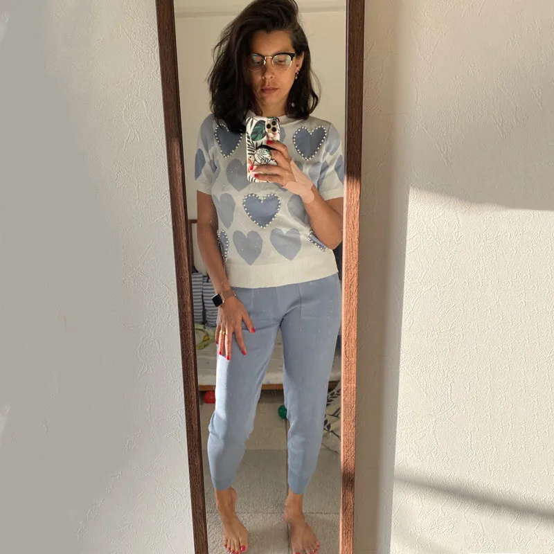 Soiling High quality Beaded knitted short sleeve sweater elegant small foot elastic pants two-piece set for women