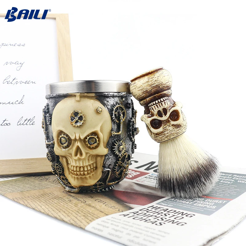 Hot Skull Beard Shaving Kit Beard Brush Skull Head Handle Badger Hair Men Shaving Brush and Armor Bowl