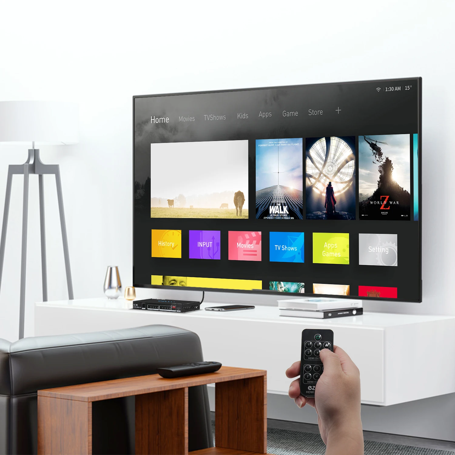 HD-MI Matrix 4x2 4K 60Hz 444 HDR 10 Atmos 18Gbps EDID Scaler 4K 1080P HD-MI Matrix 4 in 2 Out HDCP2.2 RS232 IR Ext Remote