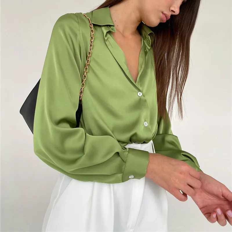 High quality satin shirt 2023 spring summer new long sleeve ladies tops blouses elegant women