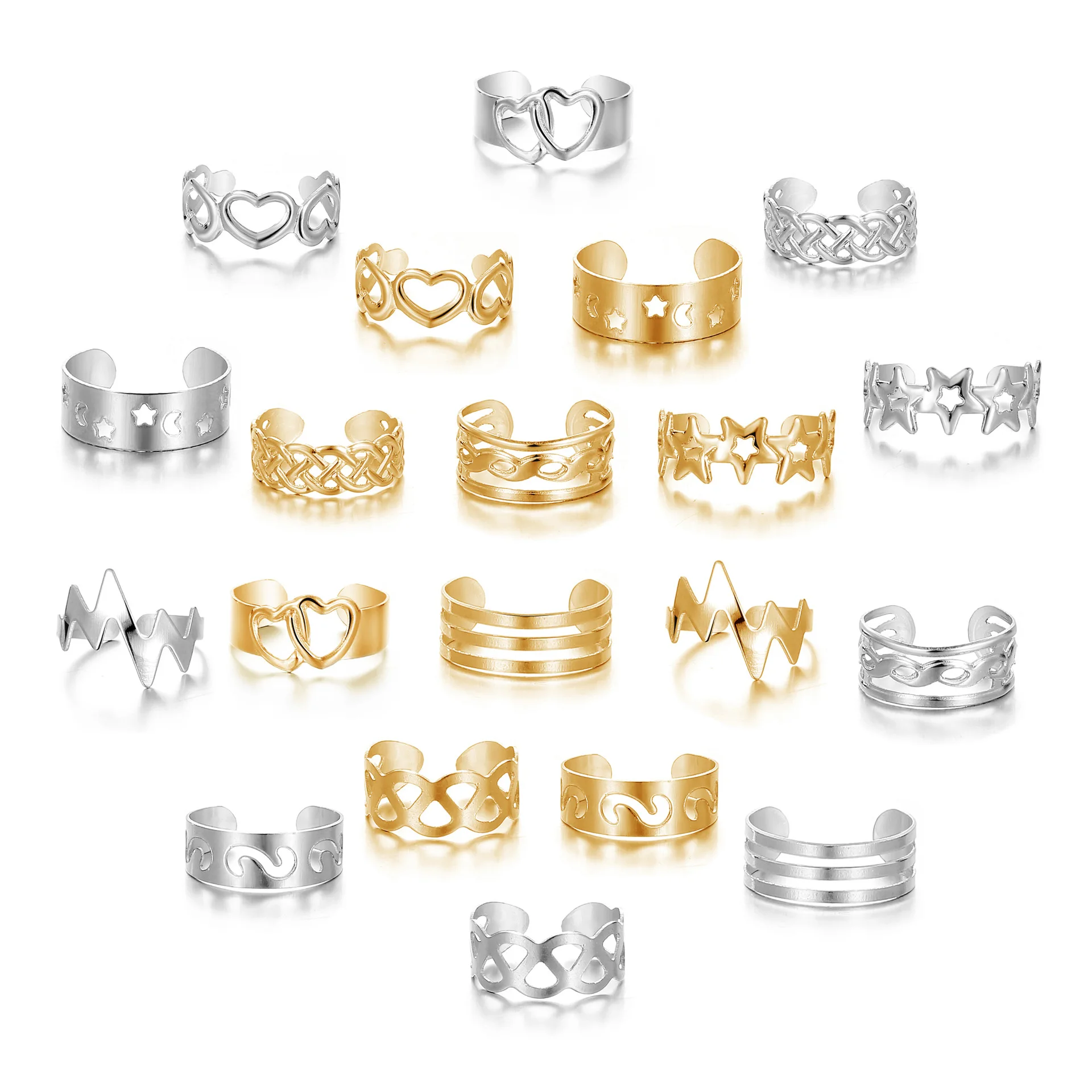 Alloy Star Moon Opening Beach Ring 10-Piece Retro Snake-Shaped Geometric Hollow Adjustable for Wedding or Gift