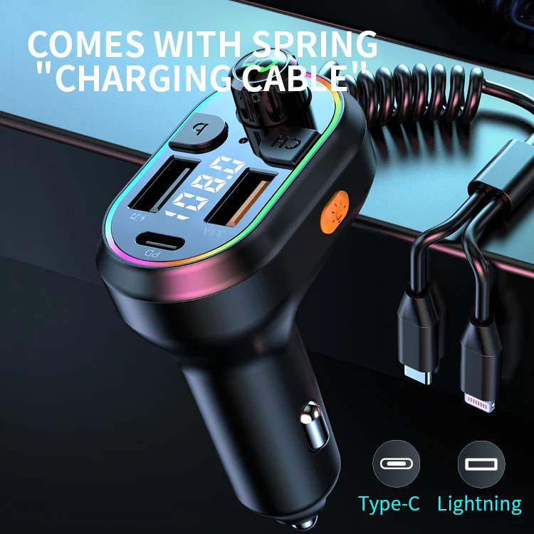 Handsfree Car Kit FM Transmitter 25W PD Fast Charge U Disk Wireless Audio Receiver Car MP3 Player wtih Expansion Cable