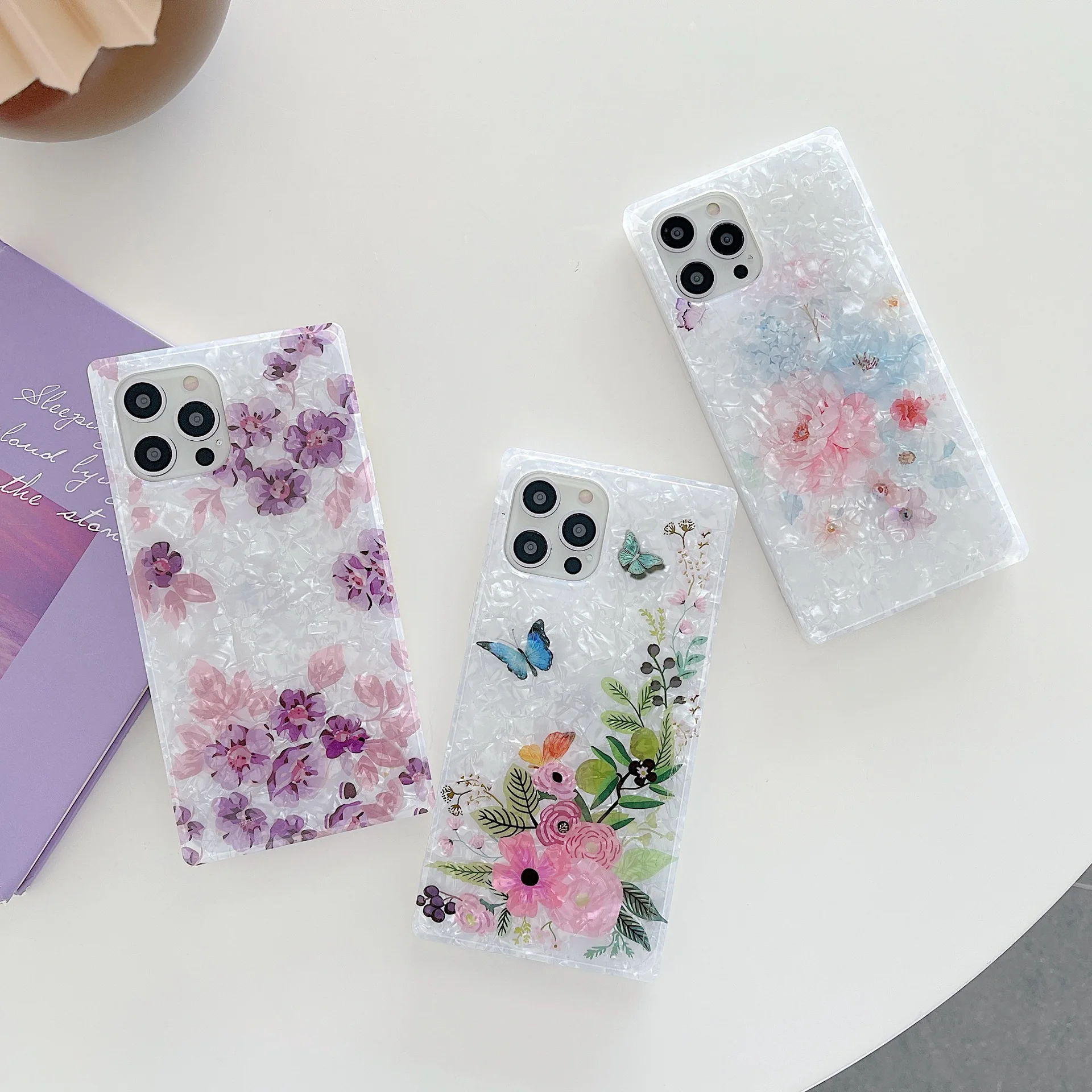 Women Girls Glitter Pearly-lustre Shell Pattern Floral Flower Printed Square Edge Soft TPU Phone Case For iPhone 13 12 Pro Max