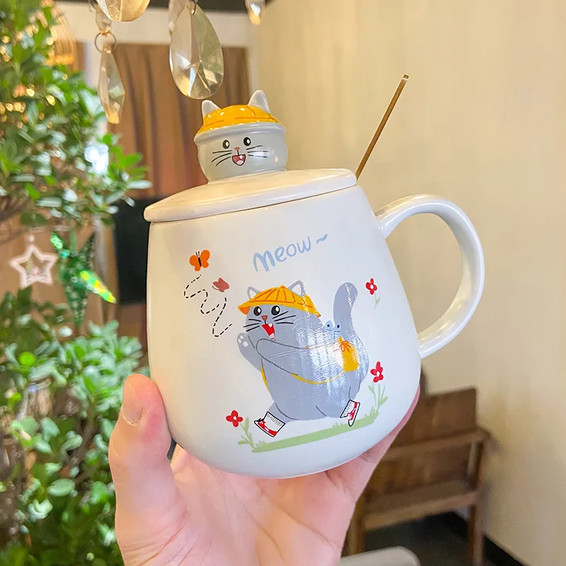 Cartoon creative cute cat ceramic cup with lid spoon office coffee mug male and female student couple cup