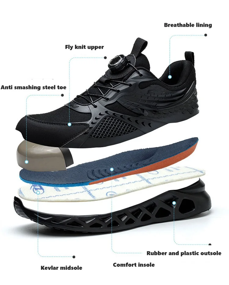 New design rotating button safety shoes men anti-smash shock resistant sport shoes