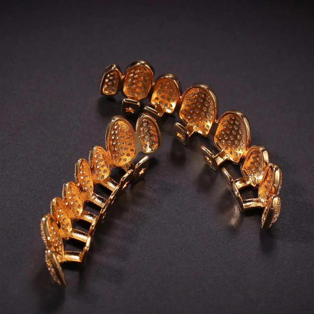 NEW Silver gold Plated Hip Hop Teeth Grillz All CZ Stones Micro Pave Vampire Fangs Grillz Teeth Grills Set With Extra Fixing Bar