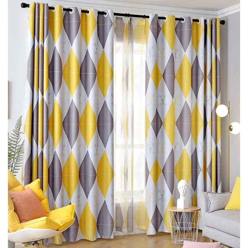 Bindi Ready Made Nordic Style Polyester Yellow Geometric Printed 100% Insulated Blackout Window Curtain for the Living Room
