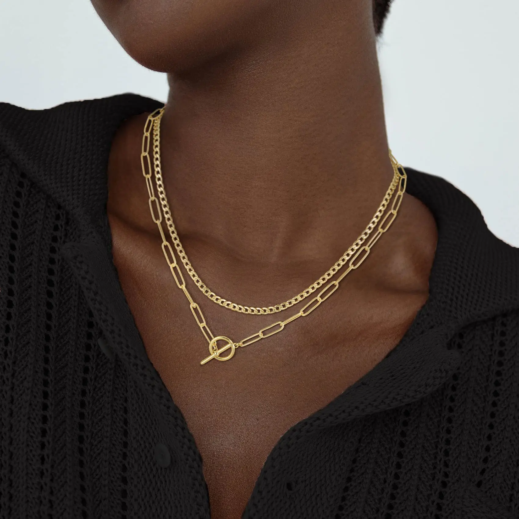 Hip Hop 18K Gold Plated Paper Clip Cuban Chain Double Layered Necklace Stainless Steel Geometric OT Buckle Choker Necklace