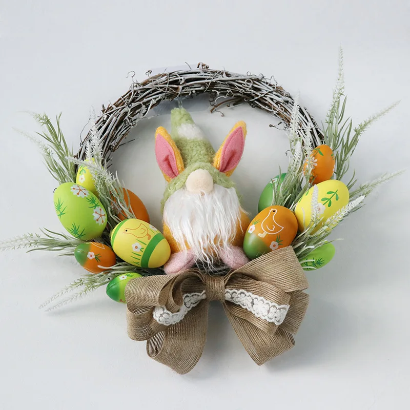 ZHH107 Fresh Nordic Home Decoration Artificial Colorful Egg Rabbit Doll Easter Festival Window Hanging Wreath
