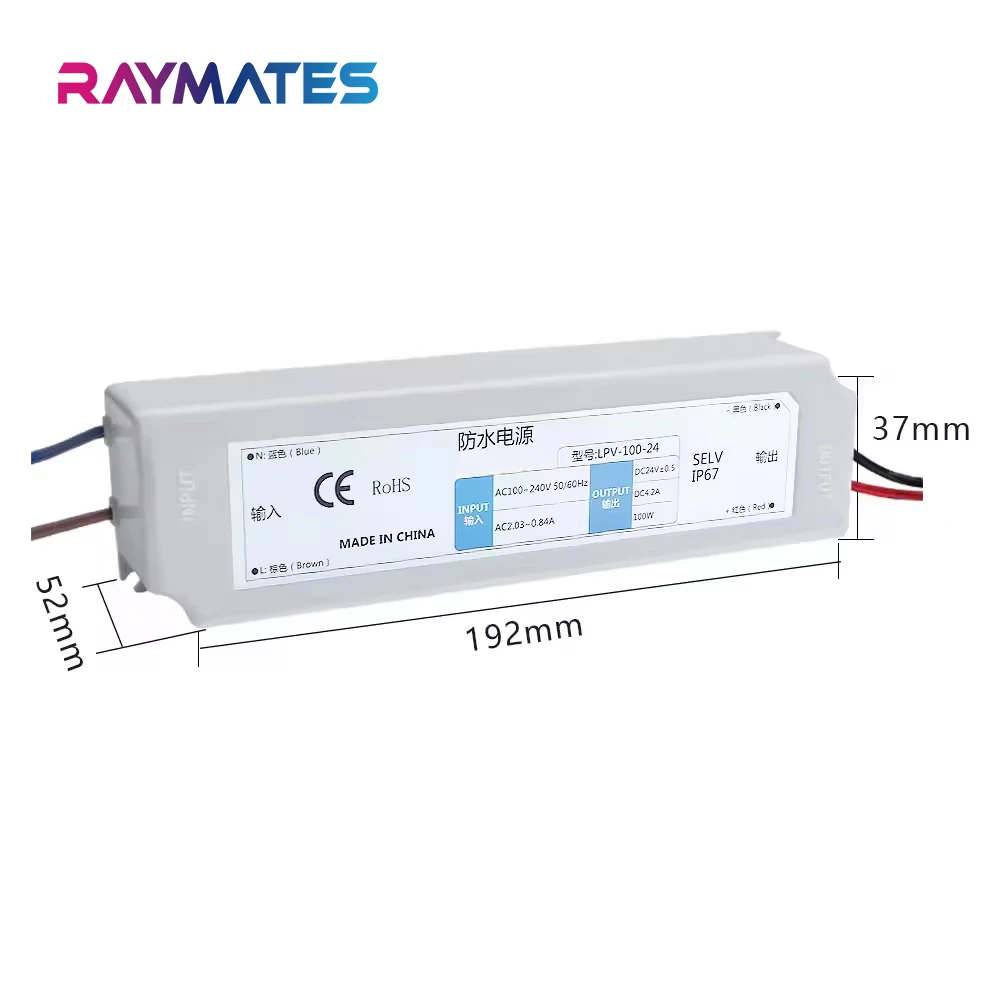 RAYMATES LPV-100-24 100W 24V 4.2A IP67 Waterproof Plastic Shell LED Driver Switching Power Supply