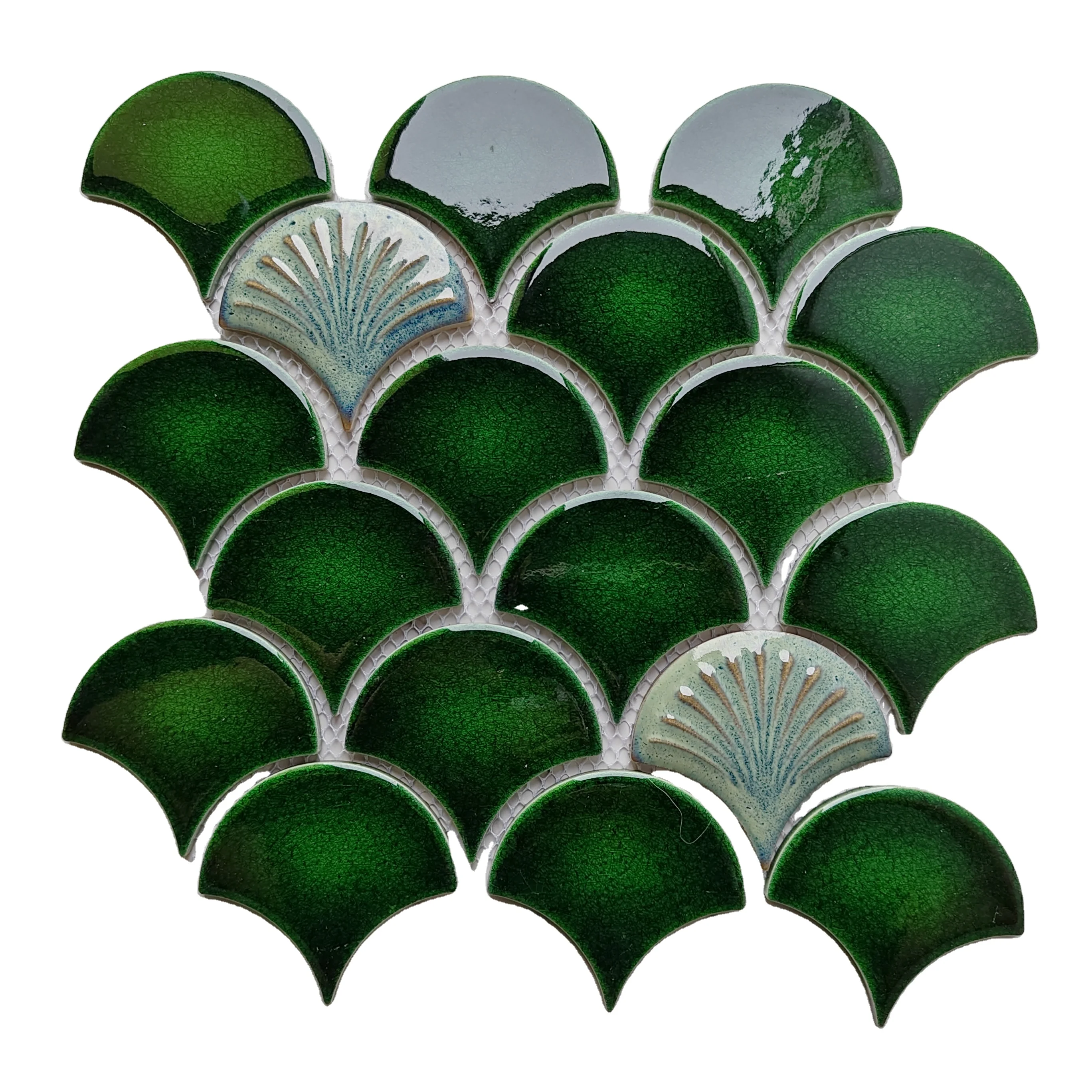 3D Moroccan Style Ice Crackle Pattern Fan Shape Scalloped Green Ceramic Mosaic Fish Scale Tile
