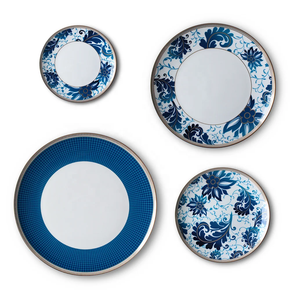 New Design luxury ceramic dinnerware wedding dinner sets bone China plate set blue flower porcelain dinner set