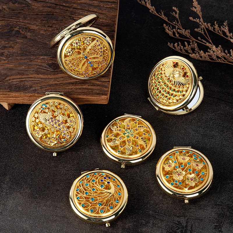 Retro Fashion Beauty Makeup Creative Cosmetic Mirror Vintage Gifts Metal Crystal Rhinestones Jewel Pocket Small Promotion Mirror