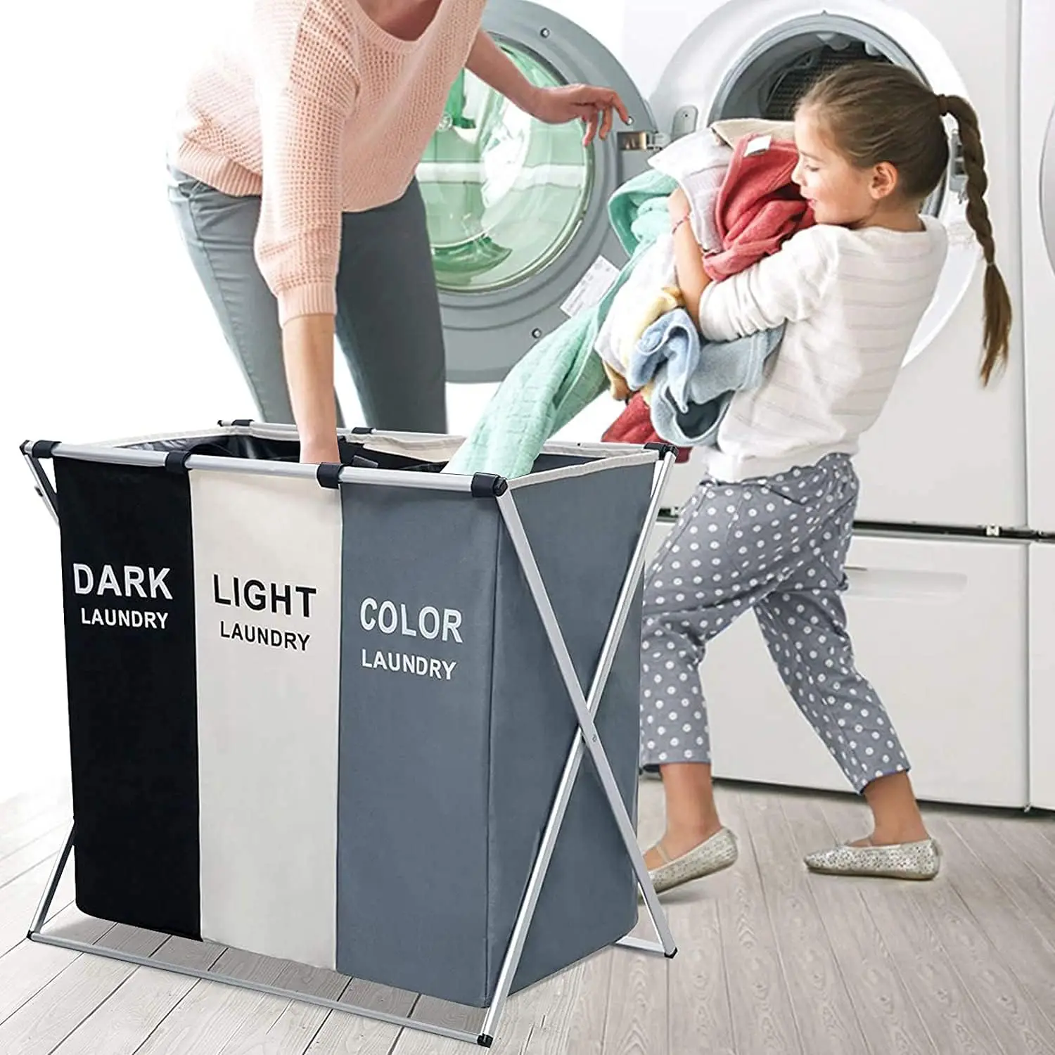 Folding Laundry Basket with 3 Compartments 120L Multifunction Laundry Baskets