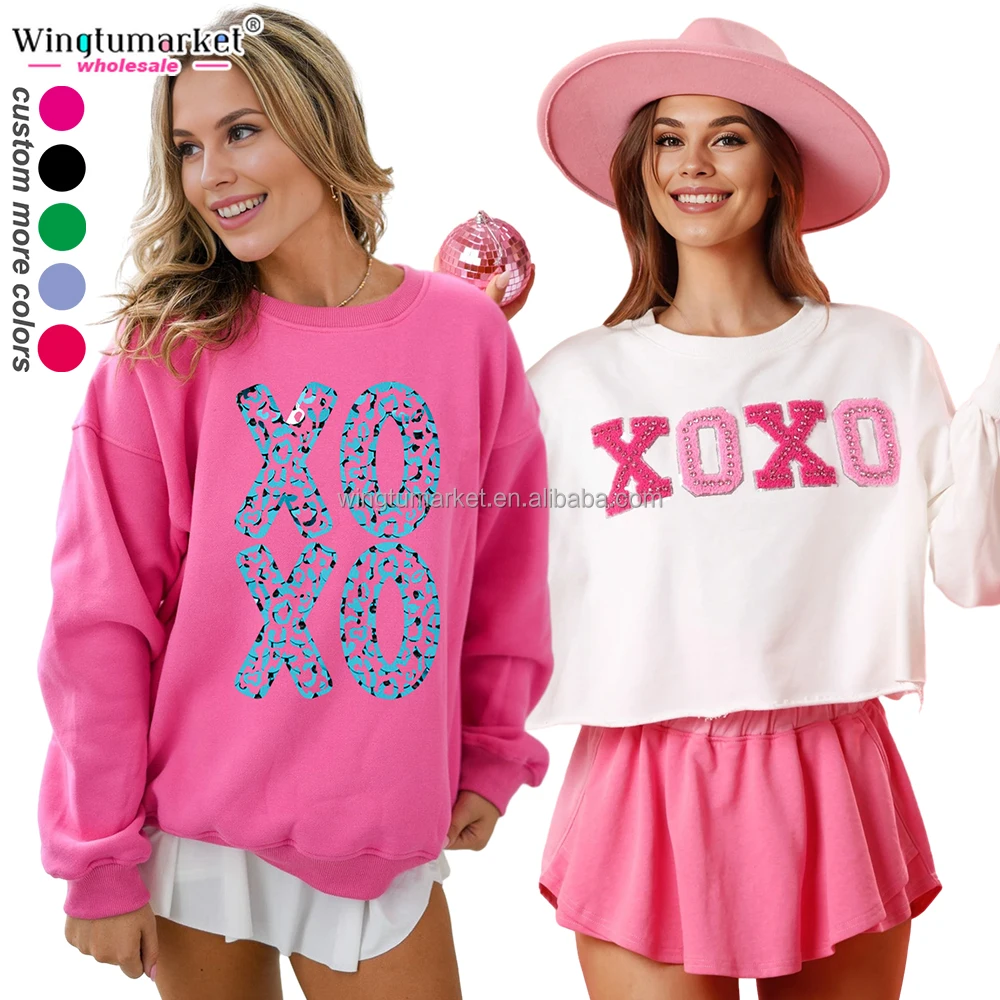 Valentine day sequin patch sweatshirts chenille LOVE rhinestone XOXO cropped pullover oversized crewneck sweatshirt for women