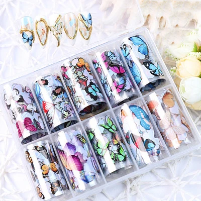 10Pcs/box Stars Lattice Transfer Holographic Charm Women Flowers Butterfly Colorful Celebrity Nail Art Foil Transfer