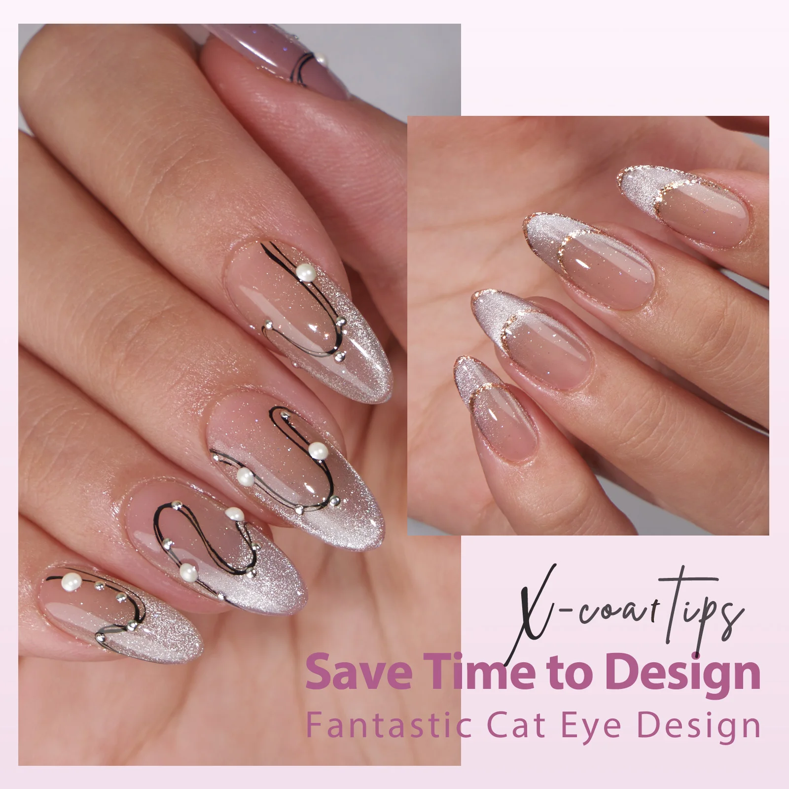 BTArtbox 150pcs Luxury Cat Eye Matte Gel X-Coat Tips Medium Almond Nail Tips Fade Press On Fake Nails Supplies