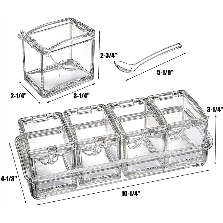Clear Seasoning Rack Spice Pots - 4 Piece Storage Container Condiment Jars - Acrylic Seasoning Box, Cruet with Cover and Spoon