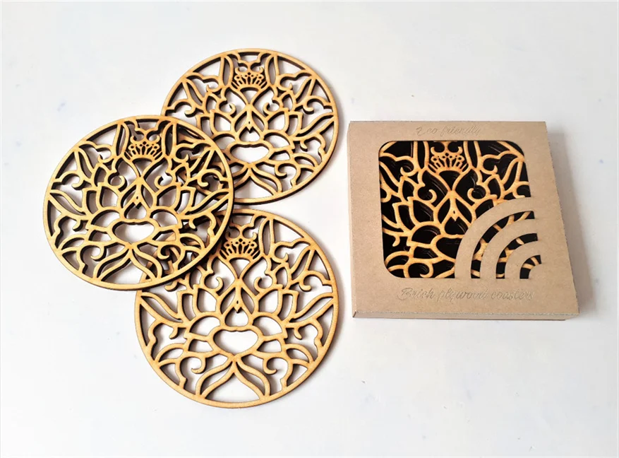 Laser Cutting Bamboo Coffee Mug Coaster Custom Wooden Map Design Coaster Decoration