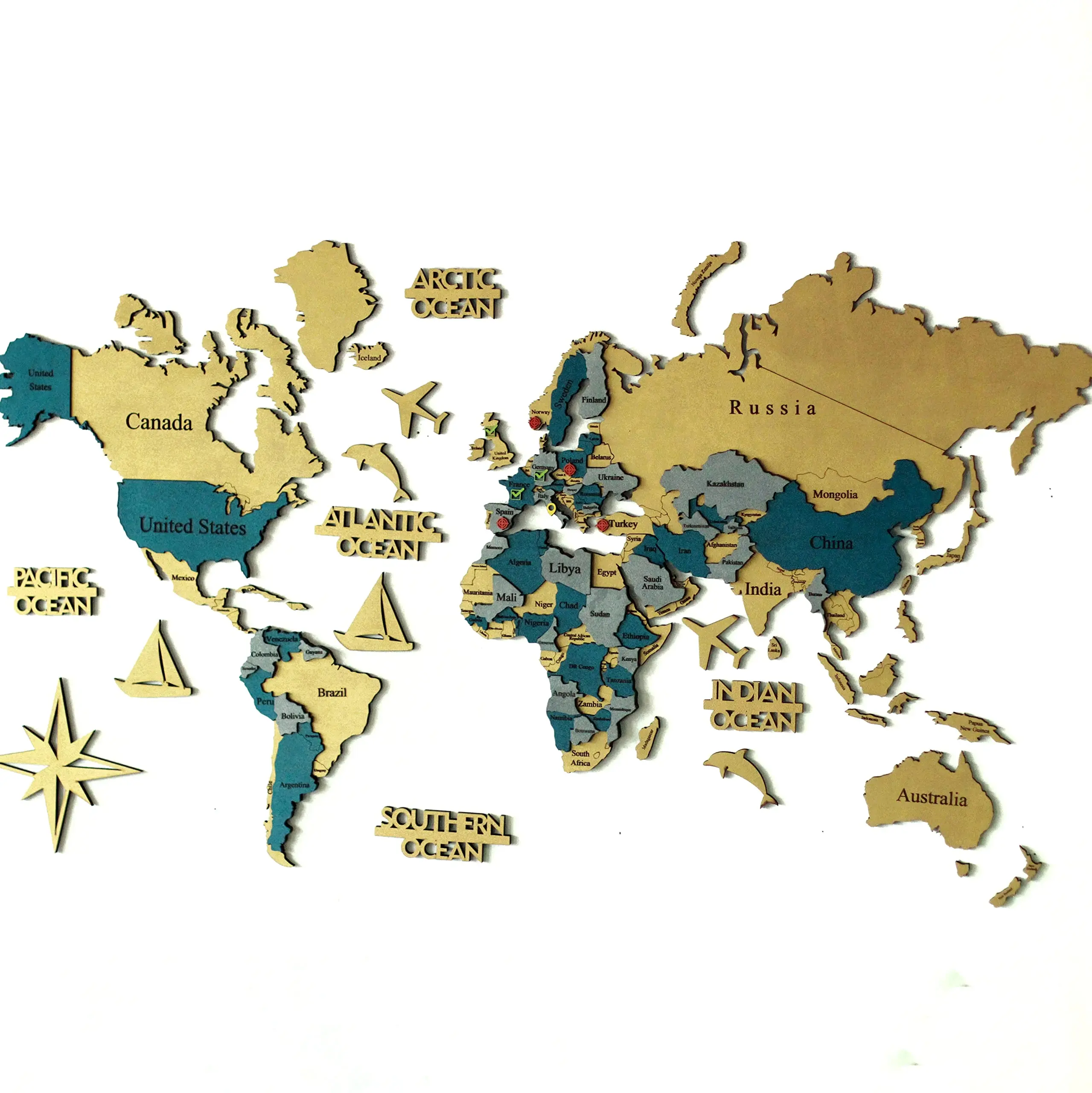 Wholesale Gold Blue Mixed Custom Scratch World Map Wooden World Map