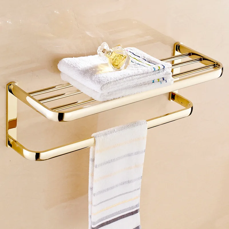 Durable Brass Bath Towel Bar Polished Gold Bathroom Towel Rack Set