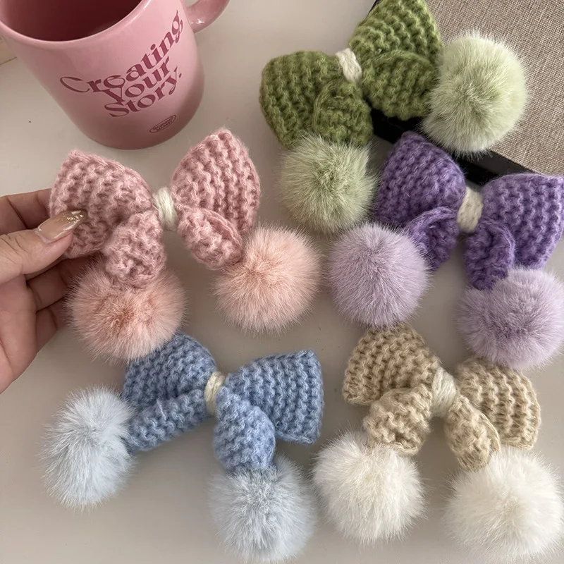 9cm Solid Color Crochet Hair Bow With Cute Pom Pom Decorated With Clips