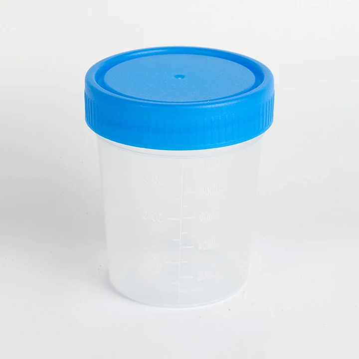 Hot Sales Hospital 100ml Gamma Sterile Urine Specimen Transparent Container With Blue Cover