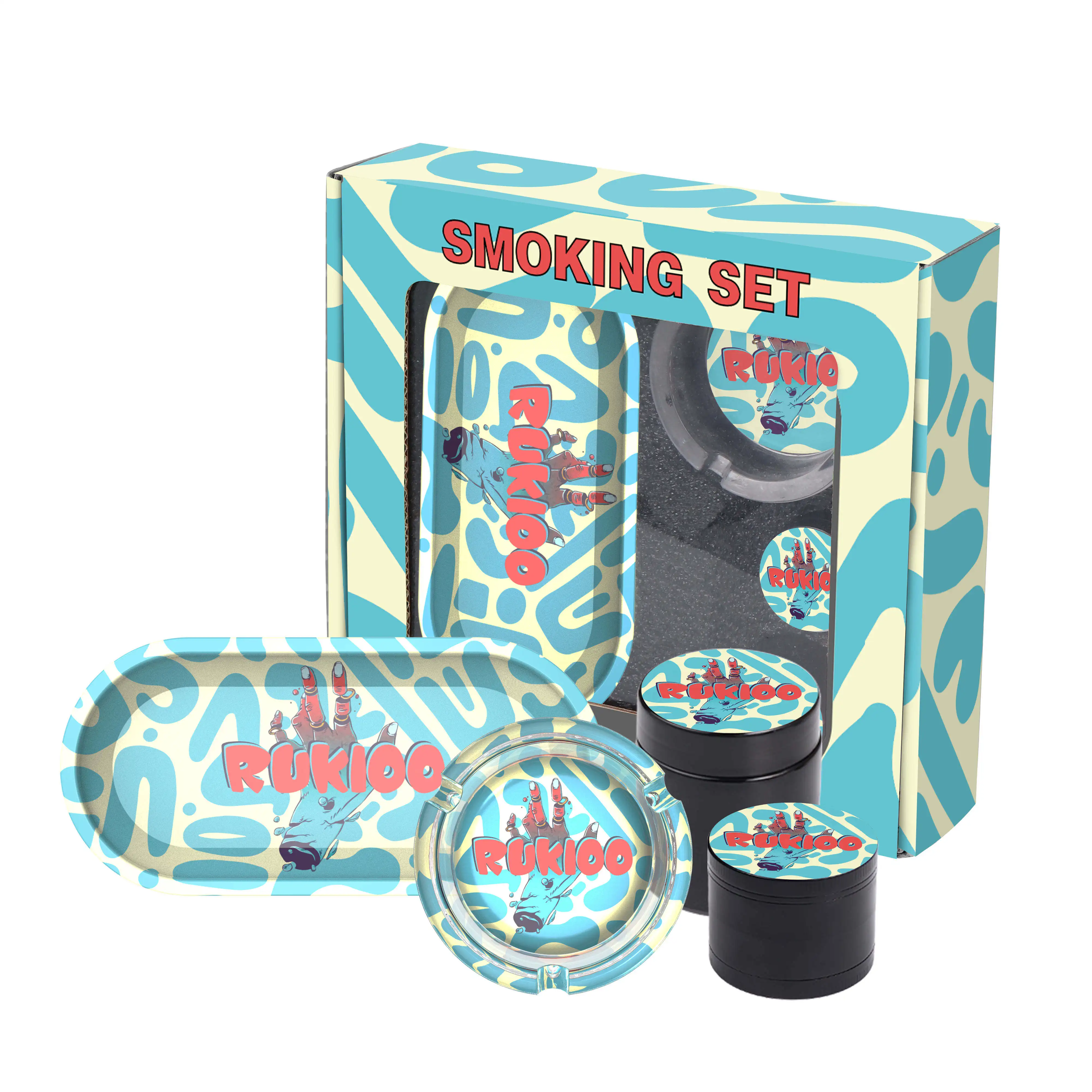 Glass Ashtray Rolling Tray Metal Grinder Tobacco Jar Box All in One Smoking Set Tobacci Accessories Kit