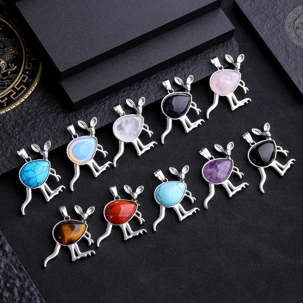 Fashion Jewelry Cute Animal Kangaroo Pendant Necklace for Women Girls Natural Stones