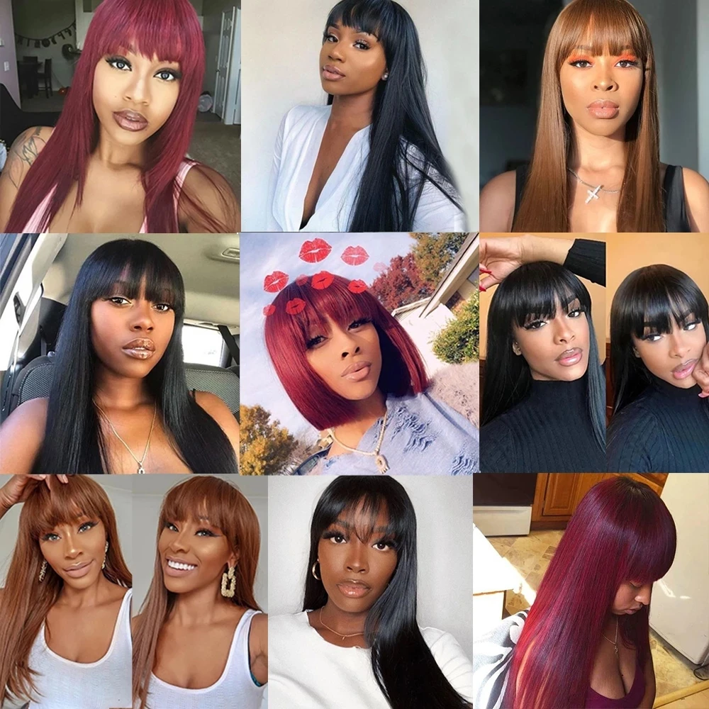 
180% Density Brazilian Straight Human Hair Wigs With Bangs Remy Full Machine Made Human Hair Wigs For Women 10-50Inch Fringe Wig 