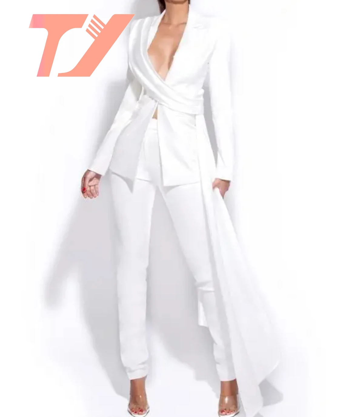 TUOYI Ladies White Skinny Fit Crepe Coat Tuxedo Pant Suits White Office Formal Business Suits Women