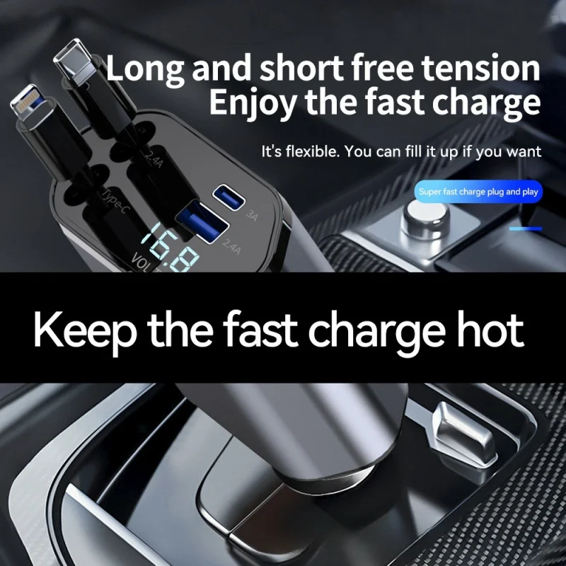 HY 2024 Fast Retractable Car Charger USB C Car Charger Fast Charge 120W 2 Retractable Cables and USB Port Car Charger Adapter
