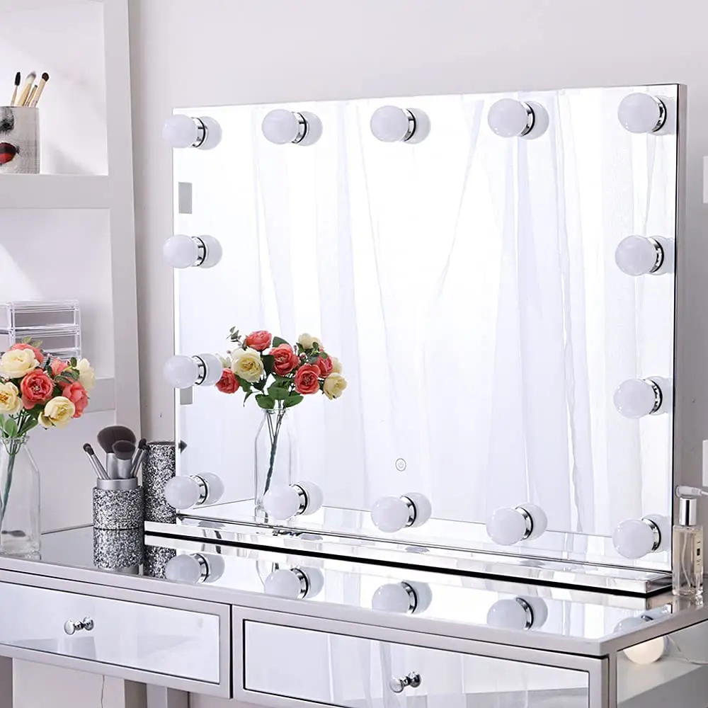 Beauty dressing table lighted  furniture vanity mirror touch sensor switch hollywood makeup mirror with LED bulbs