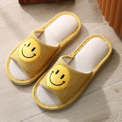 
Wholesale unisex linen happy face slippers breathable comfortable for spring 