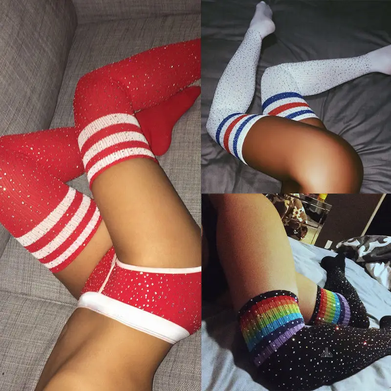 new product sexy fishnet stockings Fashion Girl Sexy Stockings  Glitter Rhinestones Thigh High Knitted Over The Knee High Socks
