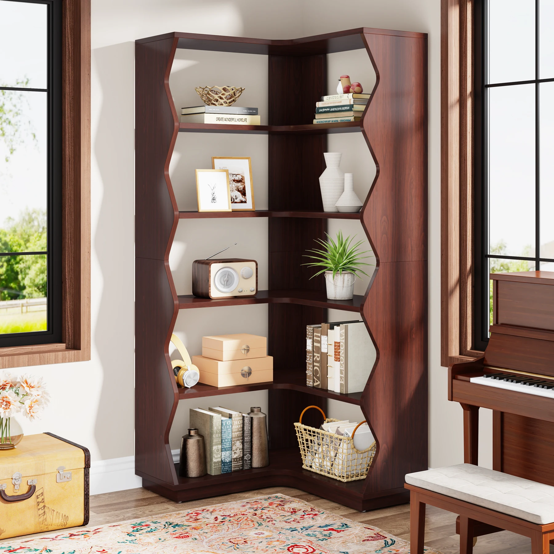 Living Room Modern Wooden Rustic Brown Storage Modular Open-back 5 Layers Corner Floor Shelving Display Unit