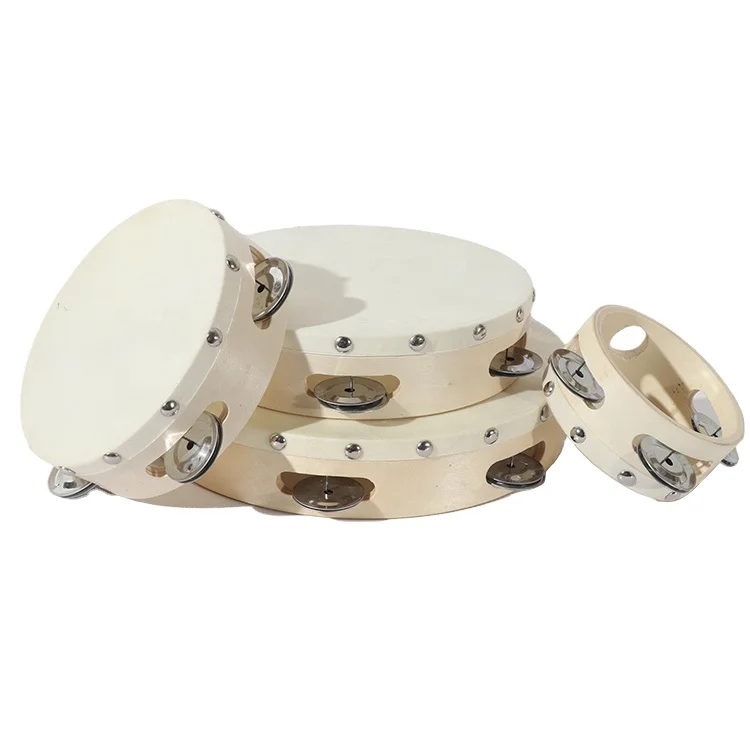 High quality wooden musical instrument toy Hand-held drum with sheepskin tambourines