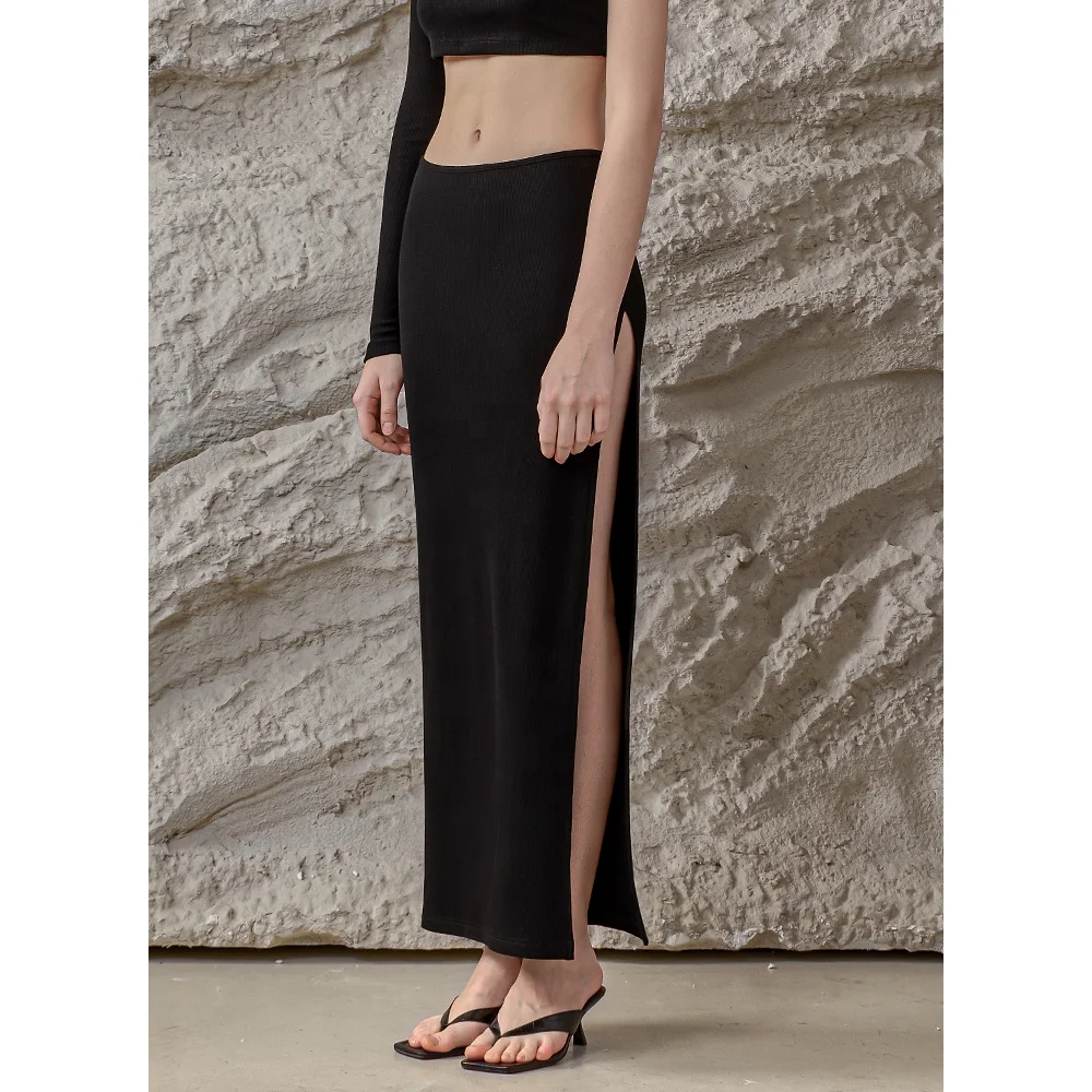 Women Stylish Stretch Rib Knit Cotton Black Side Split Wrap Long Midi Skirt