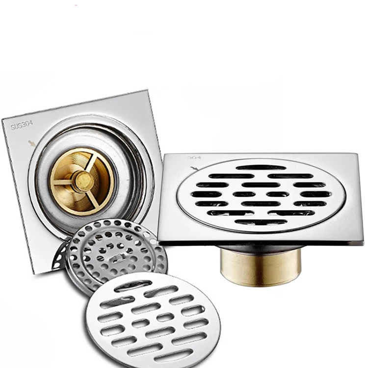 Commercial Kitchen 304 Stainless Steel Square 4 Inch Auto-Close Clean out Removable Shower Brushed Floor Drain for Bathroom