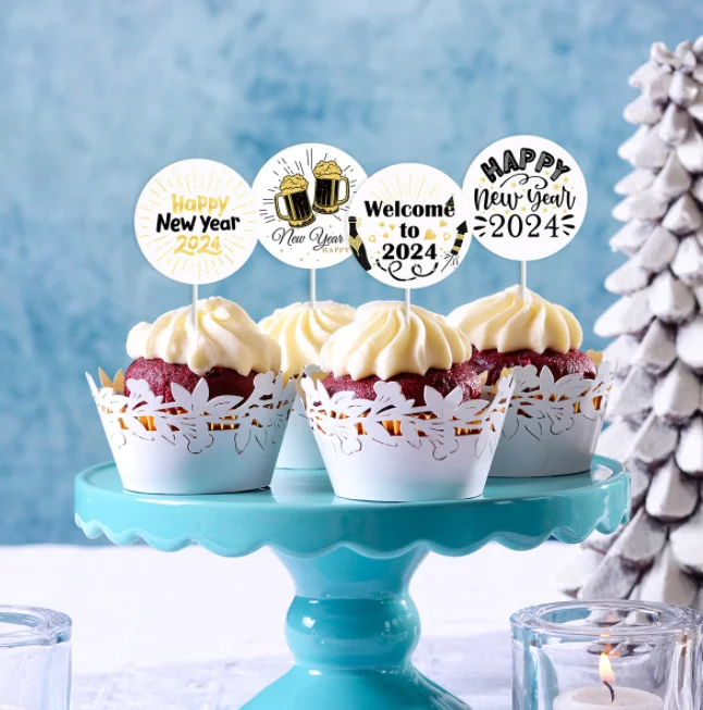 Gold Black Happy New Year hat Hello 2025 firework gift design Cupcake Toppers Cake toppers for Cheer New Year Eve Party supplies