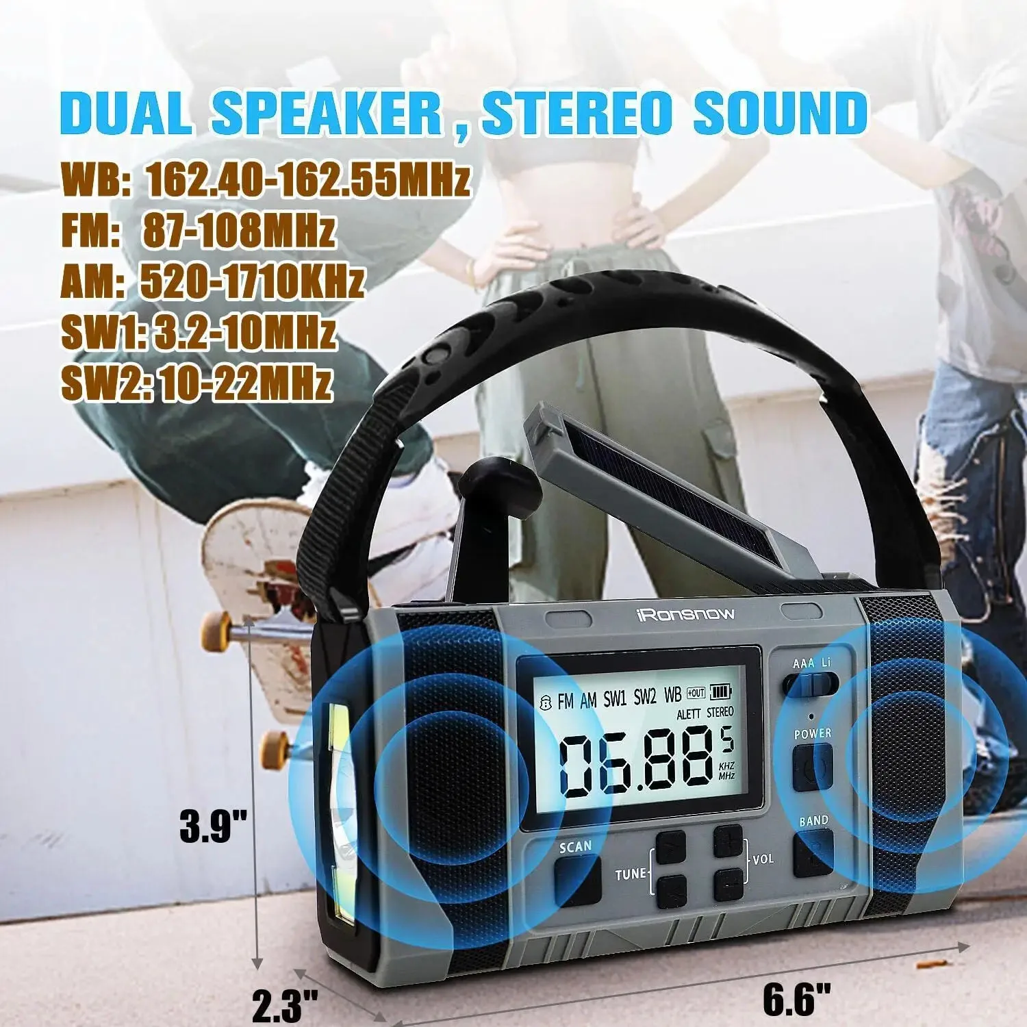 Solar USB Charging Portable Radio Hand Crank Dynamo Power Bank LED Flashlight SOS Emerncy MP3 Player Screen Weather Radio